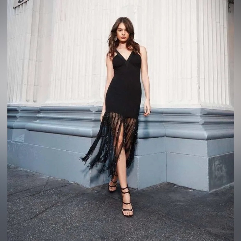 COSMOPOLITAN DRESS THE POPULATION NWT VALENCIA SLEEVELESS FRINGE MIDI DRESS - Picture 4 of 16